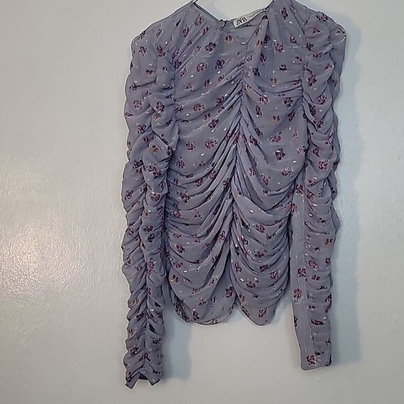 Zara Lilac LavenderFloral Sheer Ruched Long Sleeved Top - Picture 8 of 9